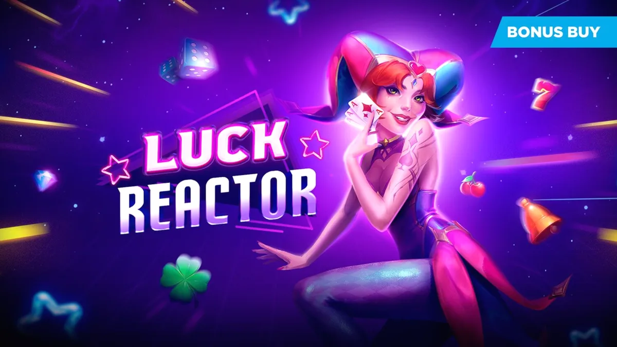 Luck Reactor slot machine interface with neon cosmic theme