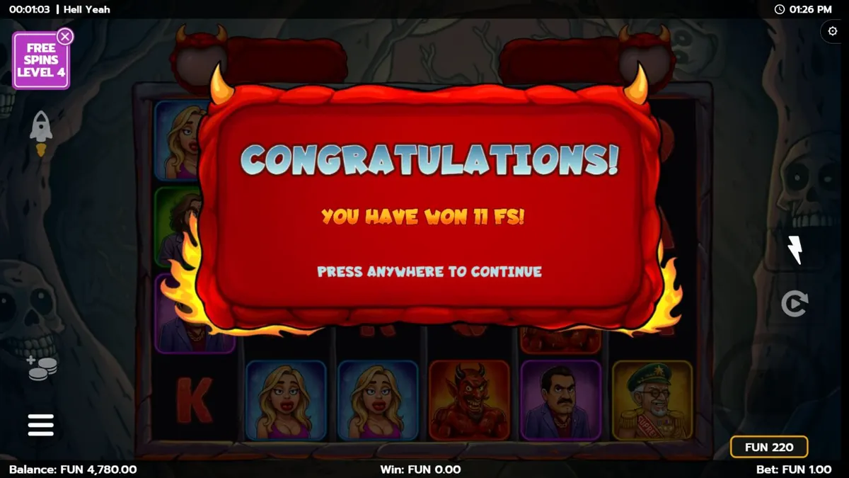 Tampilan visual slot Hell Yeah dengan karakter iblis yang ikonik dan gulungan kolektor di atas.
